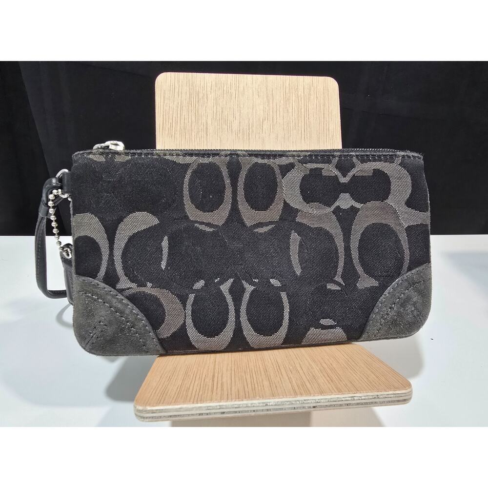 Coach Signature Black Canvas Leather Trim Zipper Closure Wristlet - Coin Wallet